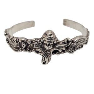 Sterling Silver Cherub Angel Cuff Bracelet Bangle Baroque Victorian Revival 24g